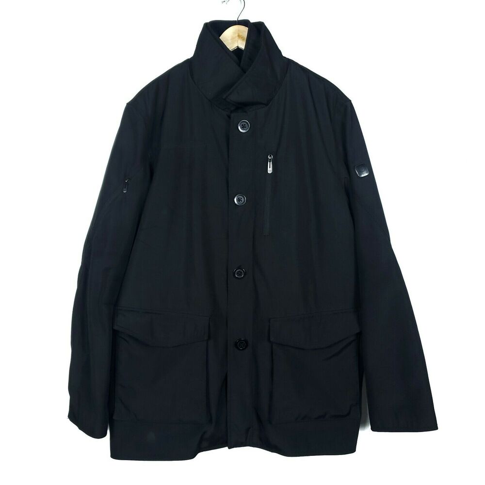 Tumi Coat Large Black Lined Front Pockets Button Zip Chest Pocket TTech Jacket